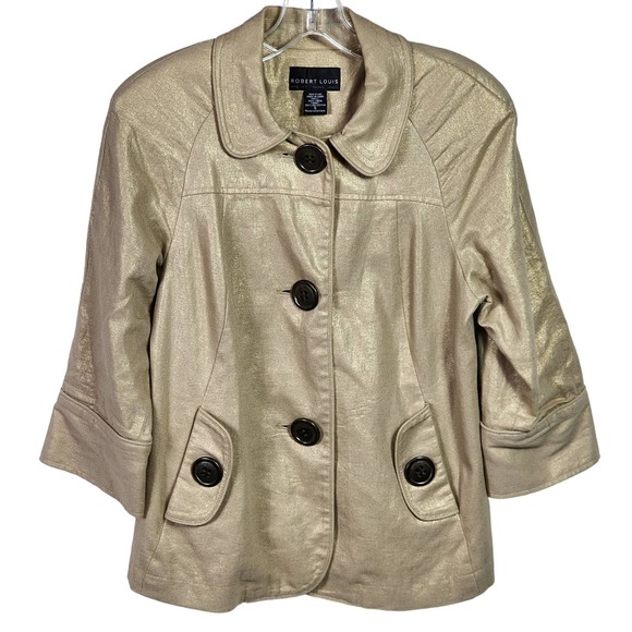 Vintage 90s Robert Louis Gold Shimmer Khaki Trendsetter Linen Jacket S - Picture 1 of 6